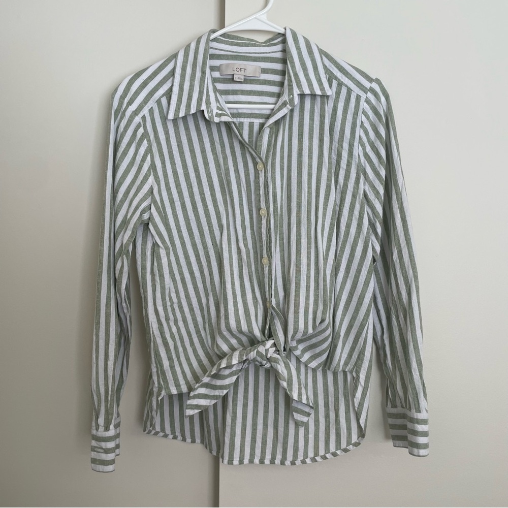 LOFT Green White Striped Button Down Shirt Linen Blend Small Long Sleeve